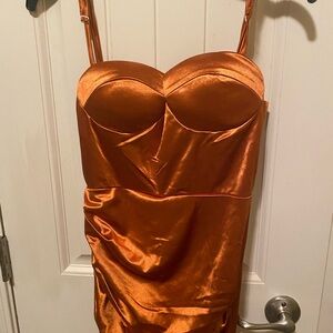 Burnt Orange Ruched Bustier Cocktail Dress-Size S
